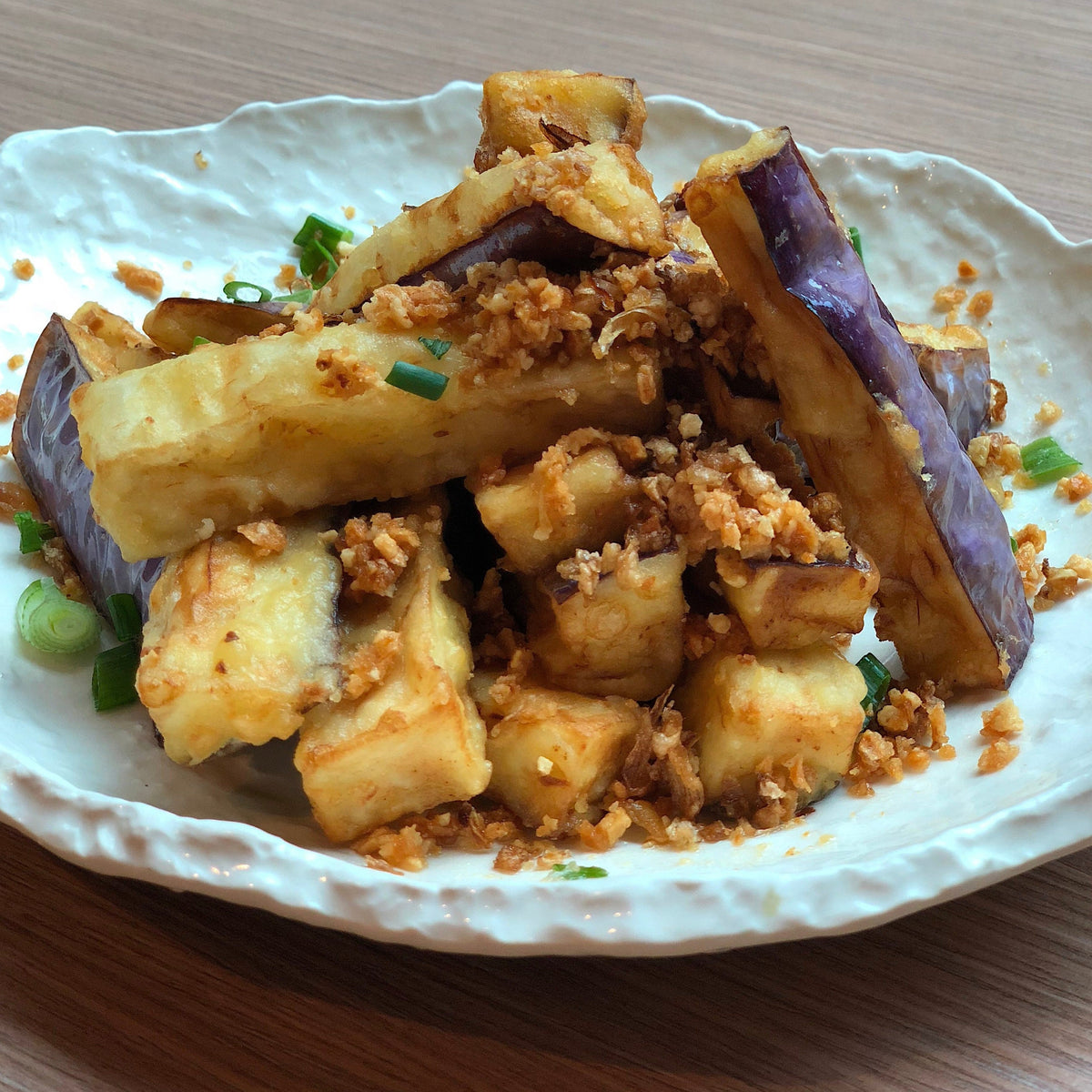 Salt &amp; Pepper Caramelized Eggplant with Cai Po
椒盐脆皮茄菜脯